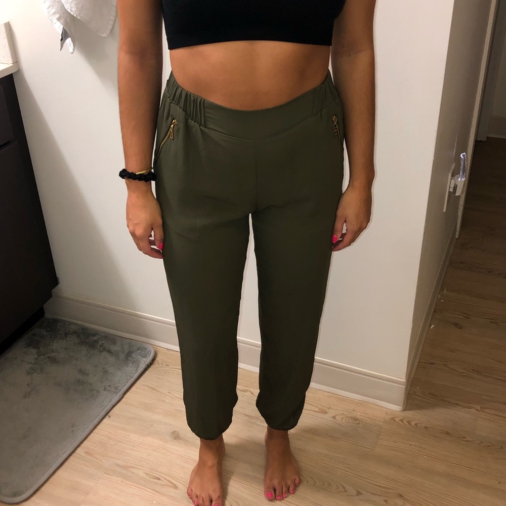 Green Shiny Jogger with Gold Zippers